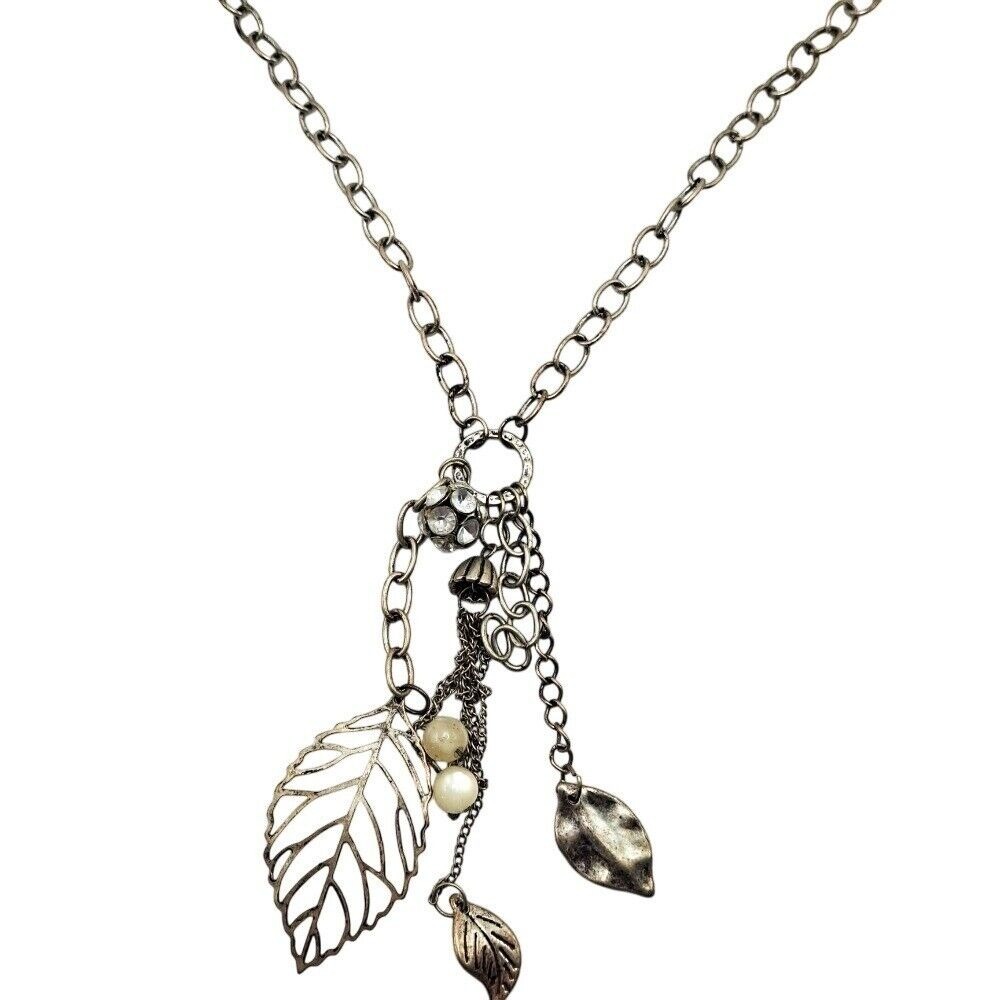 VTG Leaf Charm Y Necklace 28" Silver Tone Rhinestone Accent Fashion 80s Jewelry